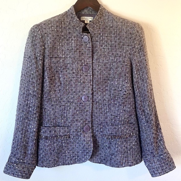 Coldwater Creek Purple Tweed Bouclé Chef Collar Blazer Jacket Size 16 Shaped Fit - Picture 1 of 13